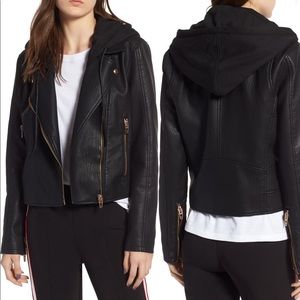 Blank NYC Black Faux Leather Hooded Moto Jacket with Gold Zippers